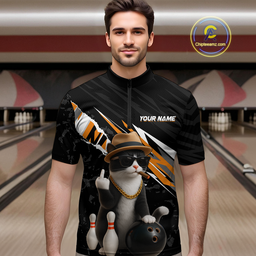 Custom Orange Funny Cat Bowling Jersey for Men Bowling Shirt Polo & 1/4 Zip Bowling Team Shirts HNT136