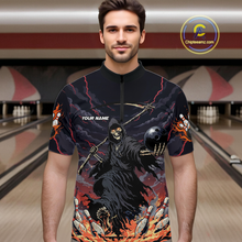 Load image into Gallery viewer, Custom Grim Reaper Flame Bowling Jersey for Men Bowling Team Shirts Polo &amp; 1/4 Zip HNT193