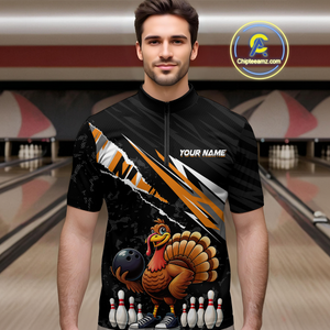 Custom Orange Funny Turkey Bowling Jersey for Men Thanksgiving Bowling Shirts Polo & 1/4 Zip HNT117