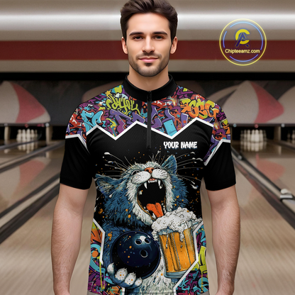 Custom Funny Cat Beer Bowling Jersey for Men Polo & 1/4 Zip Bowling Team Shirts HNT146