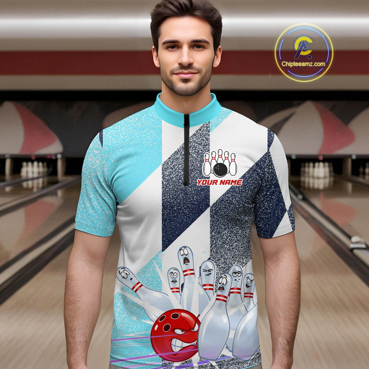 Blue Bowling Shirts for Team Women Men Custom Bowling Polo and 1/4 Zip Shirt MBL226