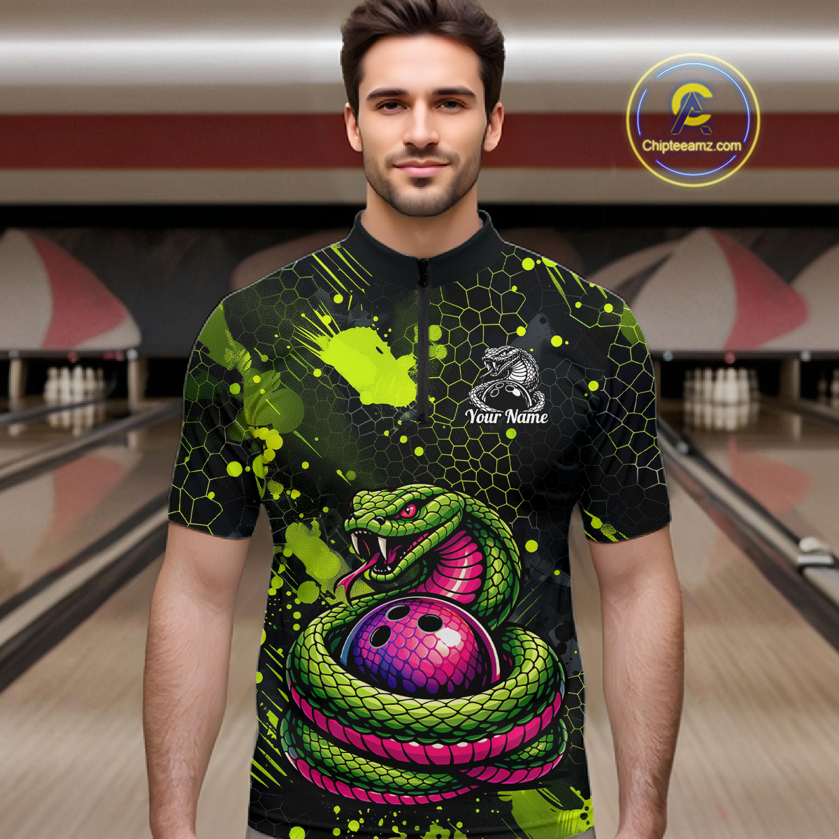 Green Cobra Snake Bowling Team Shirts Custom Name Bowling Jersey for Men Polo & 1/4 Zip HNT546
