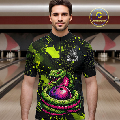 Green Cobra Snake Bowling Team Shirts Custom Name Bowling Jersey for Men Polo & 1/4 Zip HNT546
