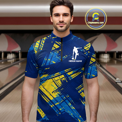 Custom Blue Yellow Bowling Jersey for Men Bowling Uniform Polo & 1/4 Zip Bowling Team Shirts HNT122