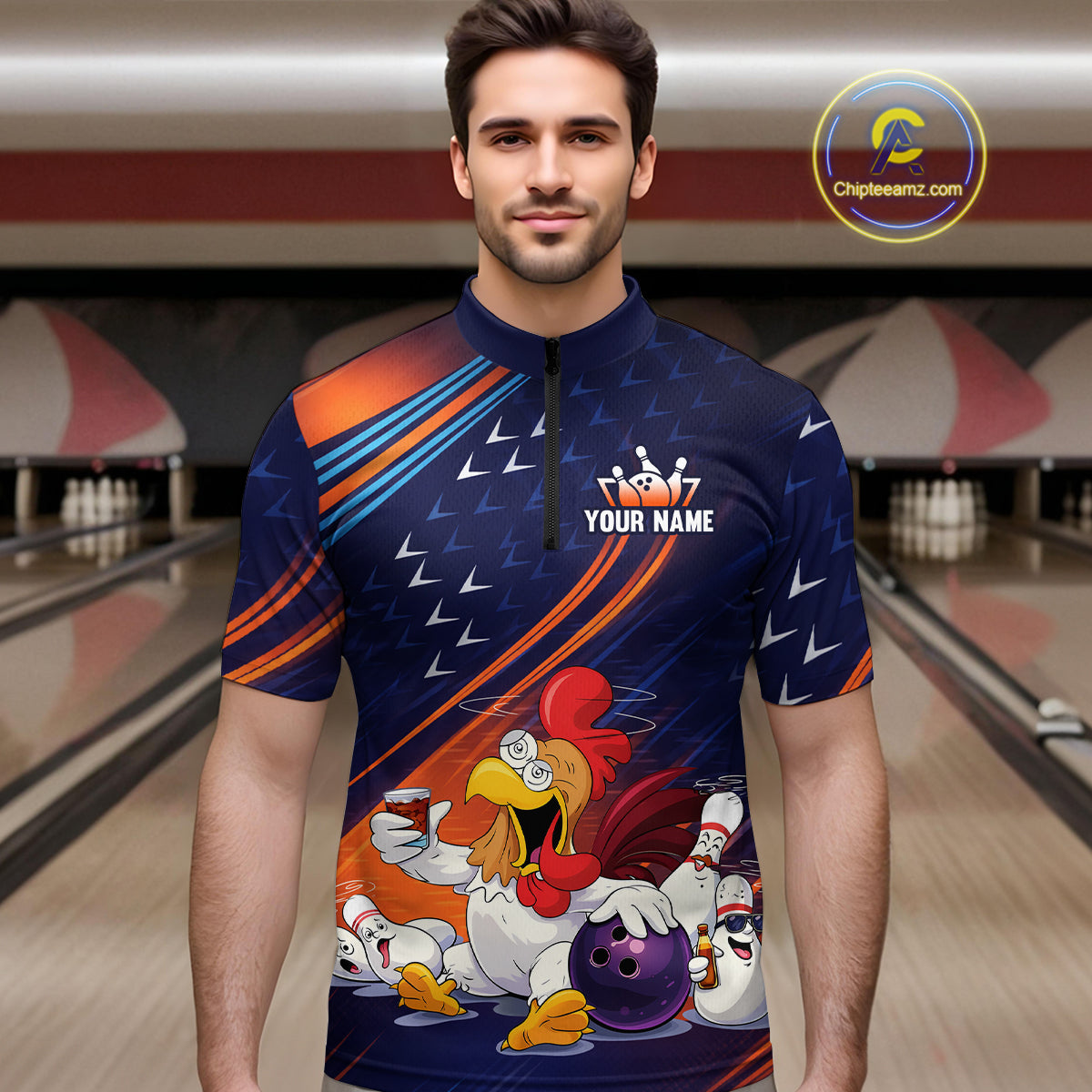 Funny Chicken Polo Bowling Shirt for Men Custom Bowling Jersey 1/4 Zip Bowling Outfit QZT826