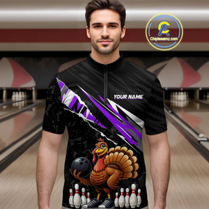 Custom Purple Funny Turkey Bowling Jersey for Men Thanksgiving Bowling Shirts Polo & 1/4 Zip HNT117