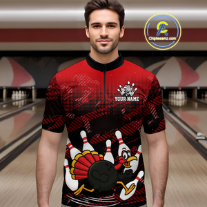 Custom Red Funny Turkey Bowling Jersey for Men Thanksgiving Bowling Team Shirts Polo & 1/4 Zip HNT125