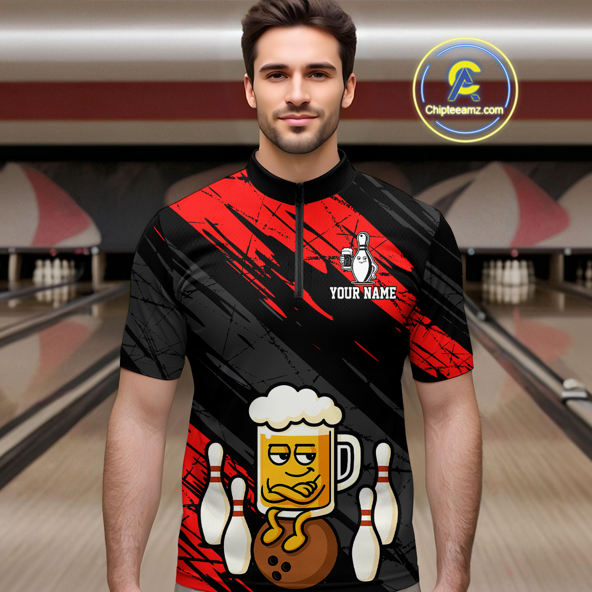 Custom Red Funny Beer Bowling Jersey for Men Bowling Uniform Polo & 1/4 Zip Bowling Team Shirts HNT107