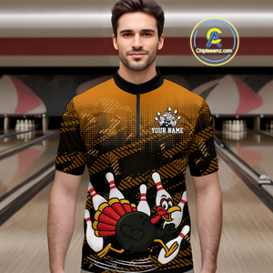 Custom Orange Funny Turkey Bowling Jersey for Men Thanksgiving Bowling Team Shirts Polo & 1/4 Zip HNT125