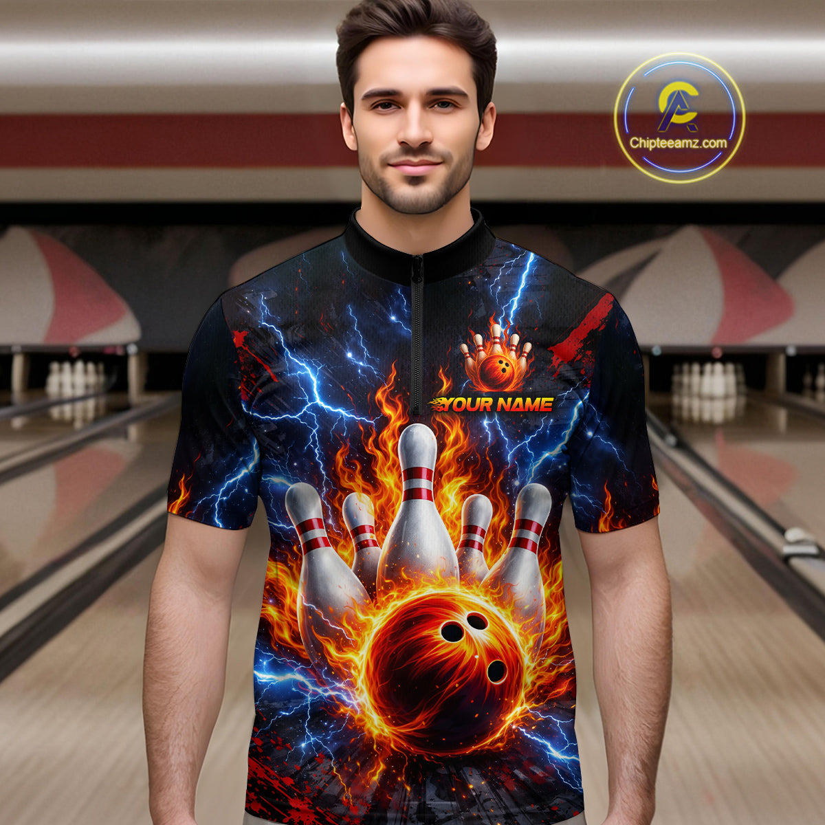 Flaming and Lightning Bowling Shirts for Team Women Men Bowling Polo & 1/4 Zip Shirt MBL242