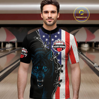 Patriotic Wolf Bowling Shirts for Team Men Women Wolf Bowling Jerseys American Flag MBL203