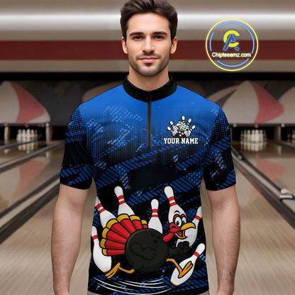 Custom Blue Funny Turkey Bowling Jersey for Men Thanksgiving Bowling Team Shirts Polo & 1/4 Zip HNT125
