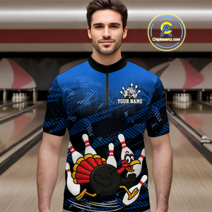 Custom Blue Funny Turkey Bowling Jersey for Men Thanksgiving Bowling Team Shirts Polo & 1/4 Zip HNT125