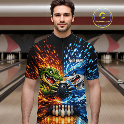 Custom Flame Shark and Alligator Bowling Jersey for Men Bowling Uniform Bowling Team Shirts HNT248