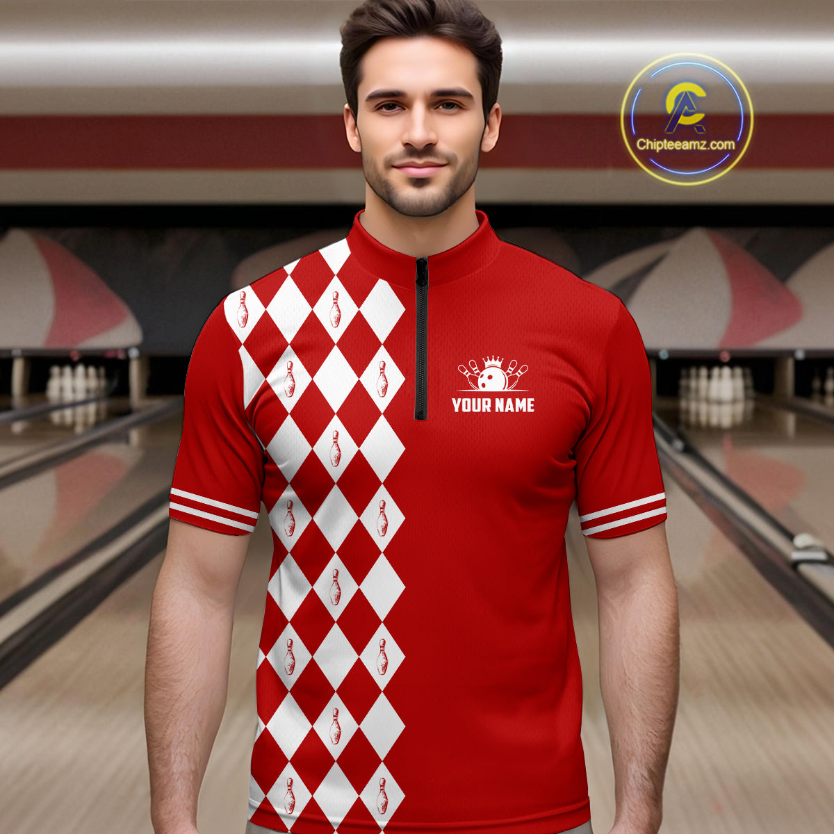 Funny red and white argyle retro Bowling Shirt for men Custom Does this shirt make my balls look big NQS10611
