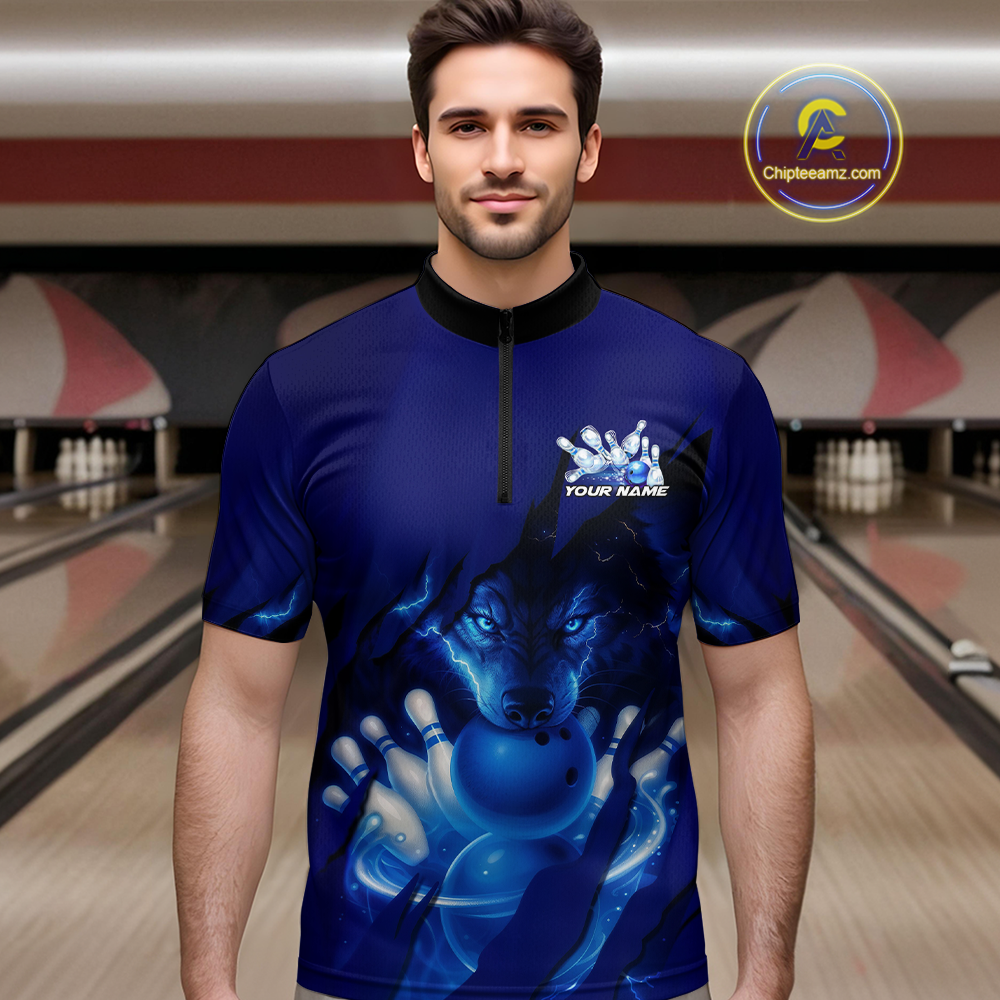 Blue Bowling Shirts for Team Women Men Custom Wolf Bowling Jerseys for Couples MBL202