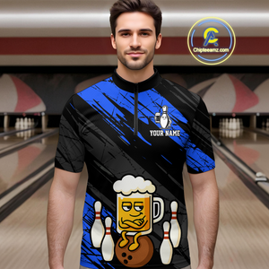 Custom Blue Funny Beer Bowling Jersey for Men Bowling Uniform Polo & 1/4 Zip Bowling Team Shirts HNT107