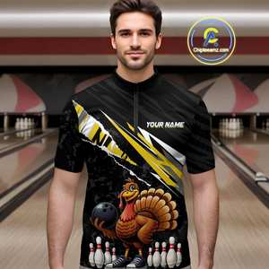 Custom Yellow Funny Turkey Bowling Jersey for Men Thanksgiving Bowling Shirts Polo & 1/4 Zip HNT117