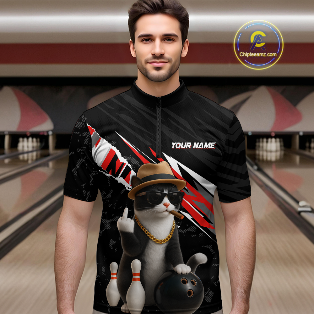 Custom Red Funny Cat Bowling Jersey for Men Bowling Shirt Polo & 1/4 Zip Bowling Team Shirts HNT136