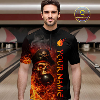 Orange Flame Pirate Skull Bowling Team Shirt for Men Bowling League Jersey Polo Bowling Outfit QZT763