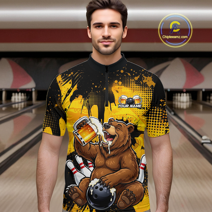 Custom Beer Bear Bowling Jersey for Men Bowling Team Shirts Bowling Polo & 1/4 Zip HNT265
