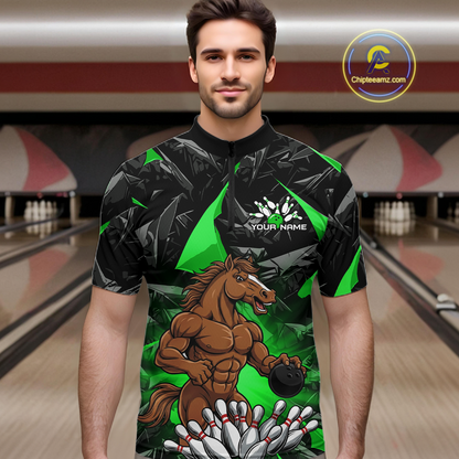 Custom Green Funny Horse Bowling Jersey for Men Bowling Team Shirts Bowling League Polo & 1/4 Zip HNT183