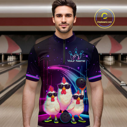 Neon Funny Family of Three Chicken Bowling Team Shirt for Men Bowling League Jersey QZT761