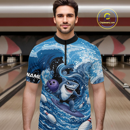 Funny Surfing Shark Bowling Team Shirts Custom Bowling Jersey for Men Polo & 1/4 Zip HNT547