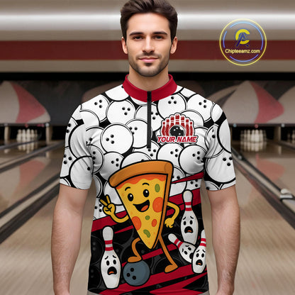 Custom Red Funny Pizza Bowling Shirt Bowling with Food for Men Polo Bowling Jersey QZT799