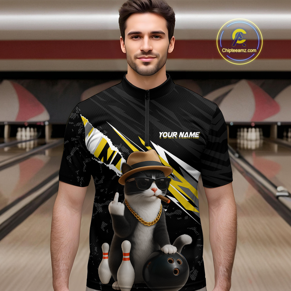 Custom Yellow Funny Cat Bowling Jersey for Men Bowling Shirt Polo & 1/4 Zip Bowling Team Shirts HNT136