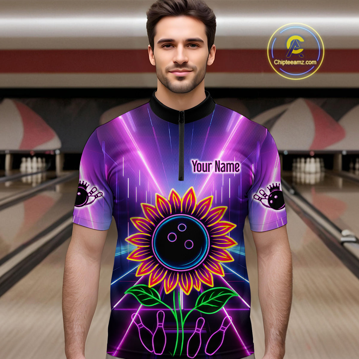 Custom Neon Lightning Sunflower Bowling Shirt Bowling Team Jersey for Men Bowling Polo & 1/4-Zip QZT770