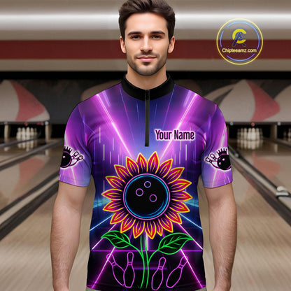 Custom Neon Lightning Sunflower Bowling Shirt Bowling Team Jersey for Men Bowling Polo & 1/4-Zip QZT770