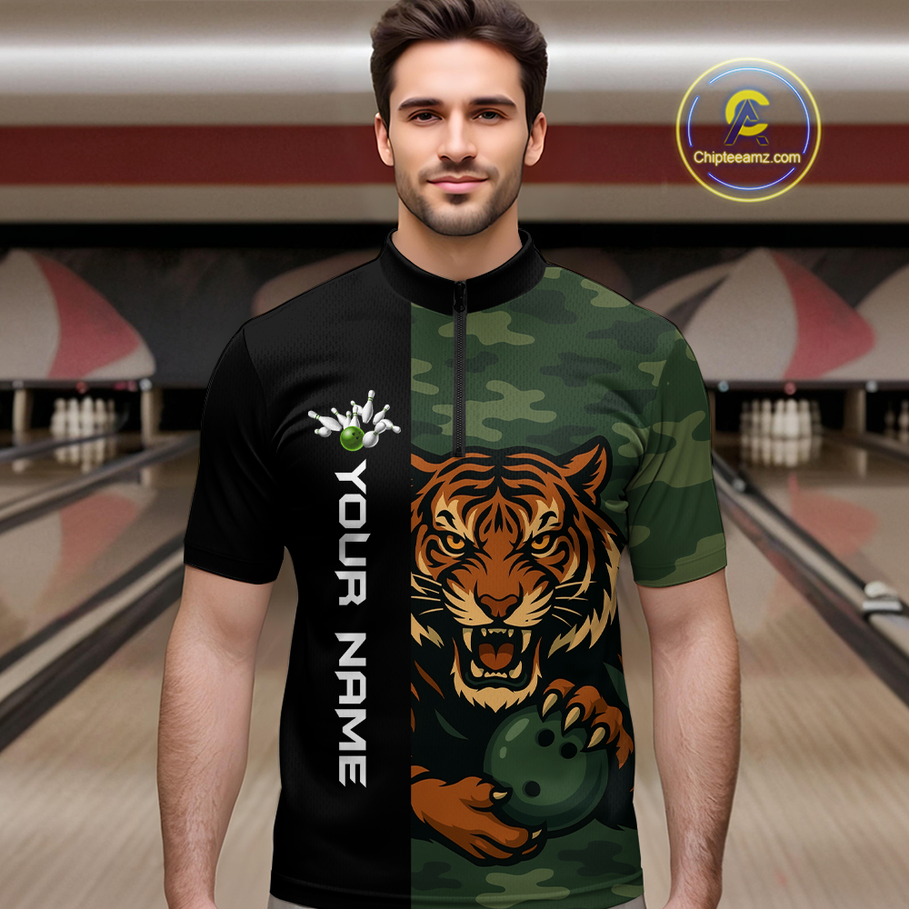 Custom Tiger Bowling Shirts for Team Women Men Camo Green Bowling Polo & 1/4 Zip Shirt MBL184