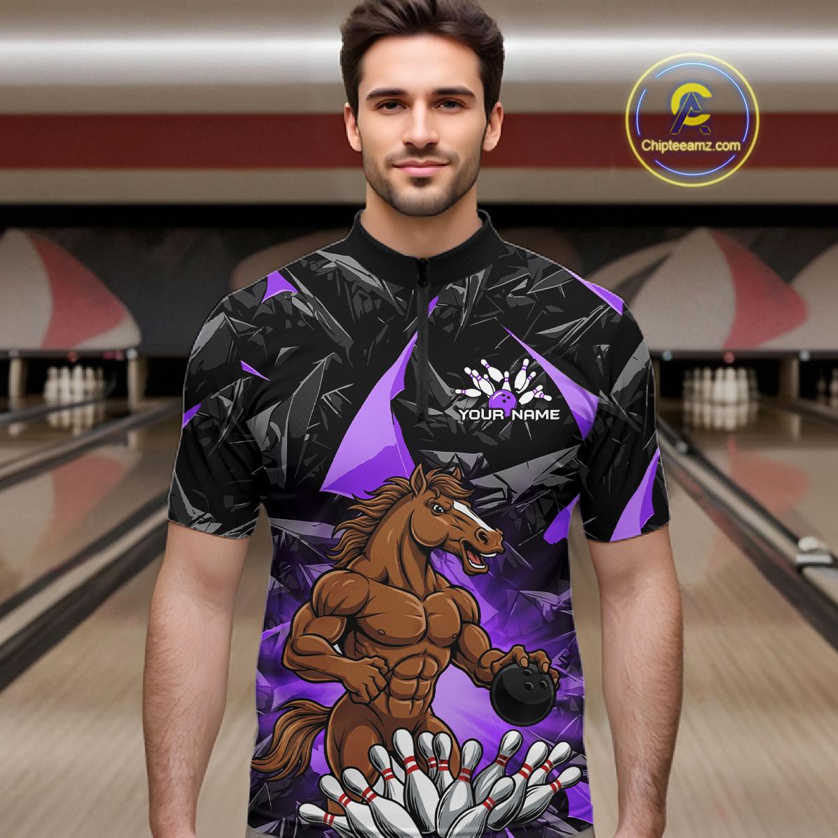 Custom Purple Funny Horse Bowling Jersey for Men Bowling Team Shirts Bowling League Polo & 1/4 Zip HNT183