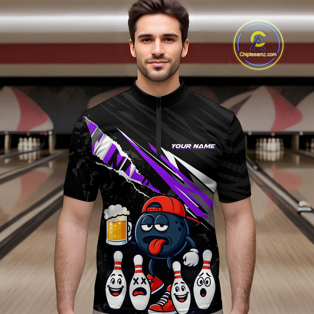 Custom Purple Beer Bowling Jersey for Men Bowling Team Shirts Bowling Uniform Polo & 1/4 Zip HNT133