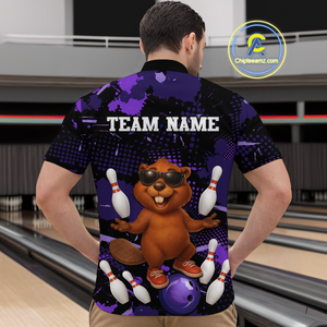 Custom Purple Funny Beaver Bowling Team Shirt Men Bowling League Jersey Polo Bowling Outfit QZT764