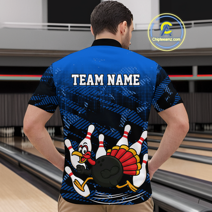 Custom Blue Funny Turkey Bowling Jersey for Men Thanksgiving Bowling Team Shirts Polo & 1/4 Zip HNT125