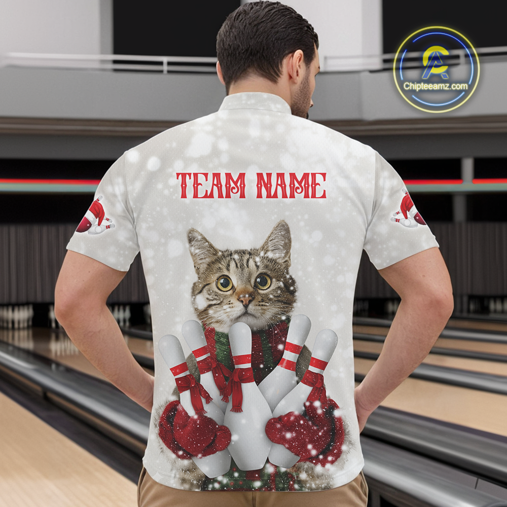Custom Funny Cat Christmas Bowling Jersey for Men Polo & 1/4 Zip Bowling Team Shirts HNT145