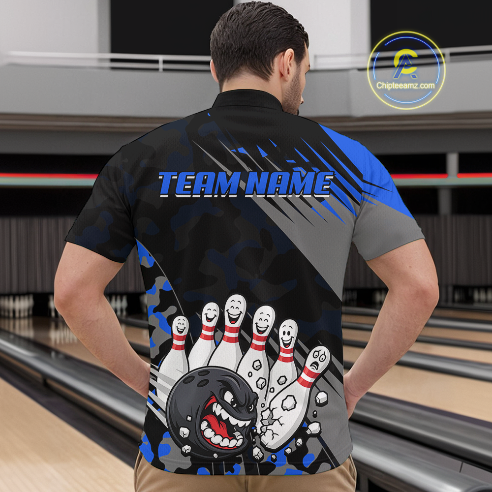 Custom Blue Funny Bowling Shirt Crazy Bowling Jersey Men Polo & 1/4 Zip Bowling Outfit QZT785