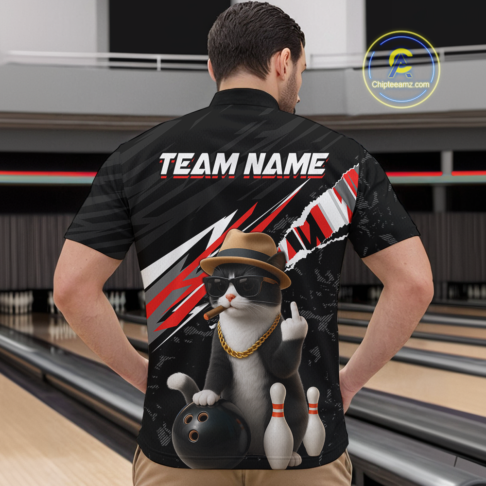 Custom Red Funny Cat Bowling Jersey for Men Bowling Shirt Polo & 1/4 Zip Bowling Team Shirts HNT136