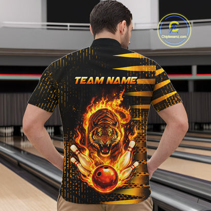 Custom Flame Tiger Bowling Team Jersey Bowling Shirt for Men Bowling League Polo & 1/4 Zip HNT201