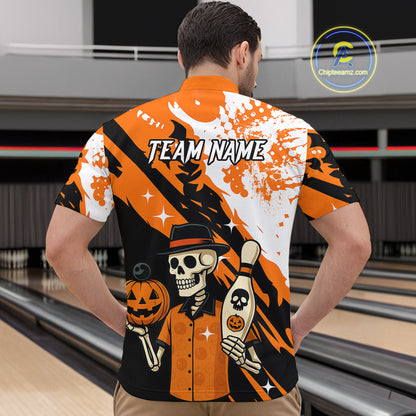 Orange Funny Skull Bowling Shirt for Men Personalized Polo & 1/4-Zip Bowling Jersey Halloween QZT768