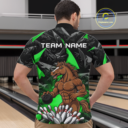 Custom Green Funny Horse Bowling Jersey for Men Bowling Team Shirts Bowling League Polo & 1/4 Zip HNT183