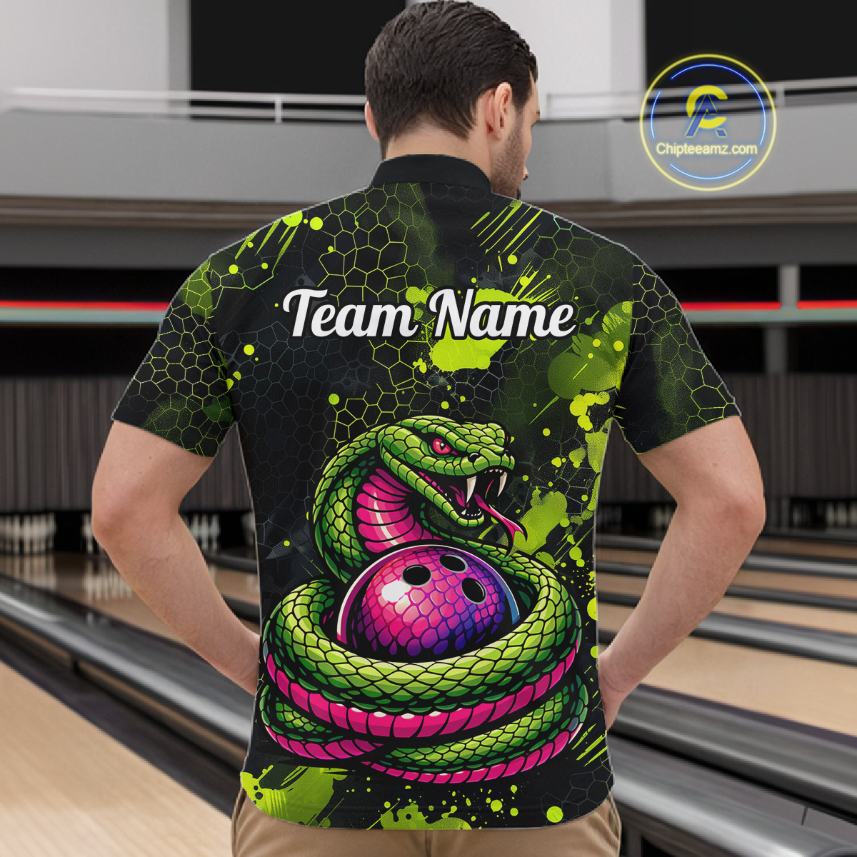 Green Cobra Snake Bowling Team Shirts Custom Name Bowling Jersey for Men Polo & 1/4 Zip HNT546