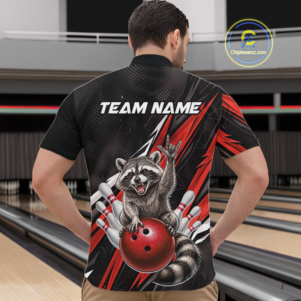 Custom Red Raccoon Bowling Jersey for Men Bowling Team Shirts Bowling Polo & 1/4 Zip HNT254