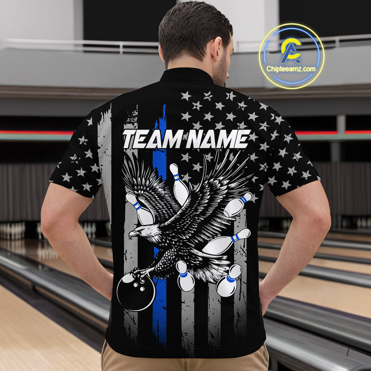 Custom Blue US Flag Eagle Bowling Jersey for Men Bowling Team Shirts Polo & 1/4 Zip HNT119