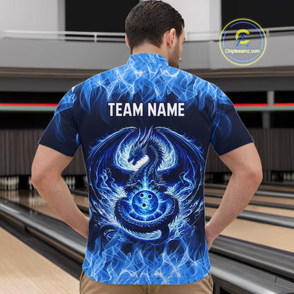 Custom Blue Dragon Flame Bowling Jersey for Men Bowling Team Shirts Bowling Polo & 1/4 Zip HNT189