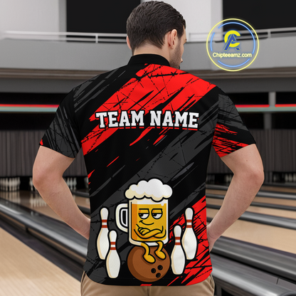 Custom Red Funny Beer Bowling Jersey for Men Bowling Uniform Polo & 1/4 Zip Bowling Team Shirts HNT107