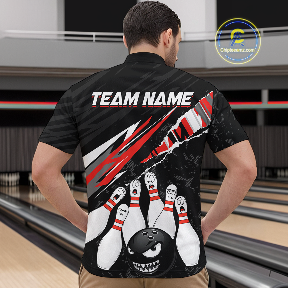 Custom Red Funny Bowling Jersey for Men Bowling Uniform Polo & 1/4 Zip Bowling Team Shirts HNT128