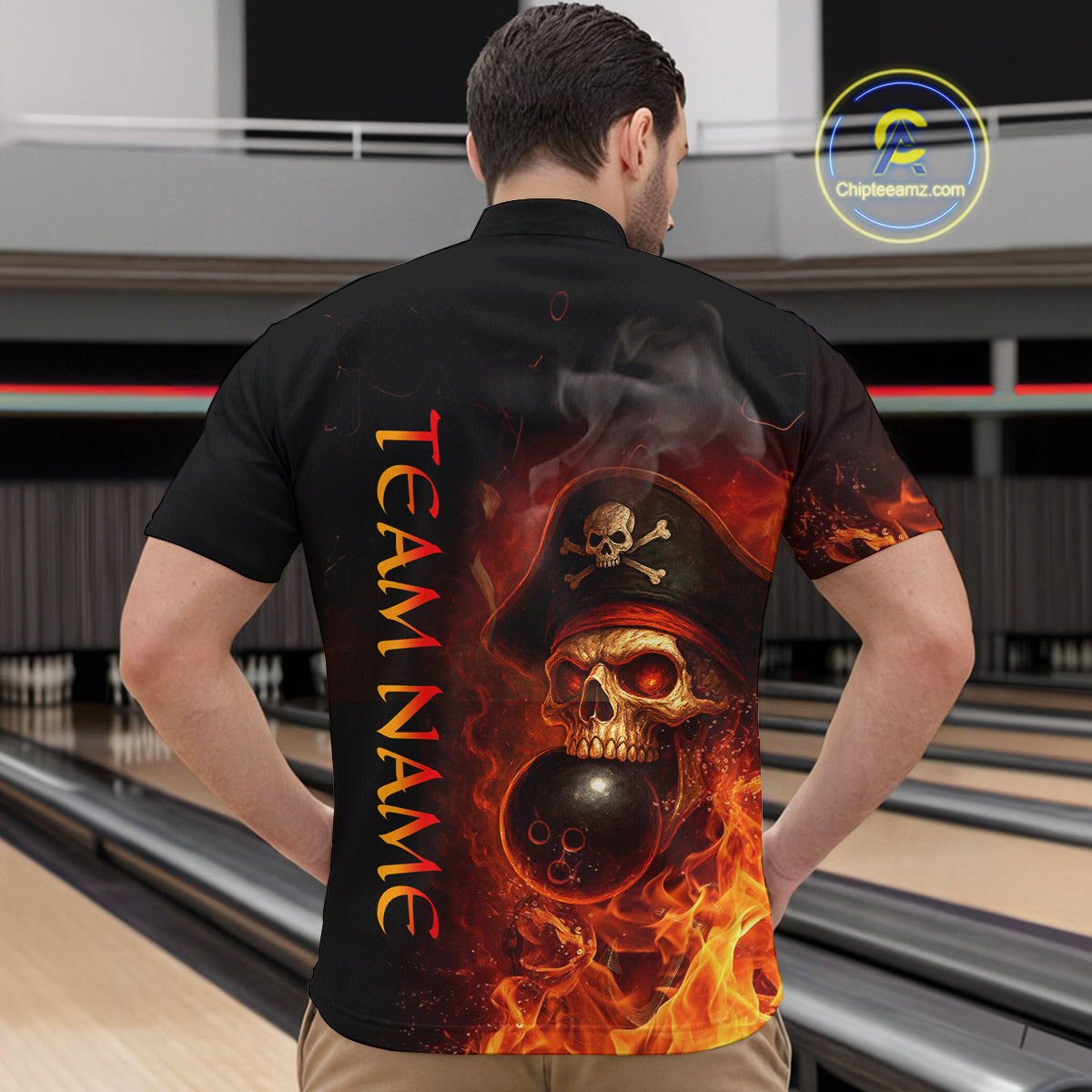 Orange Flame Pirate Skull Bowling Team Shirt for Men Bowling League Jersey Polo Bowling Outfit QZT763